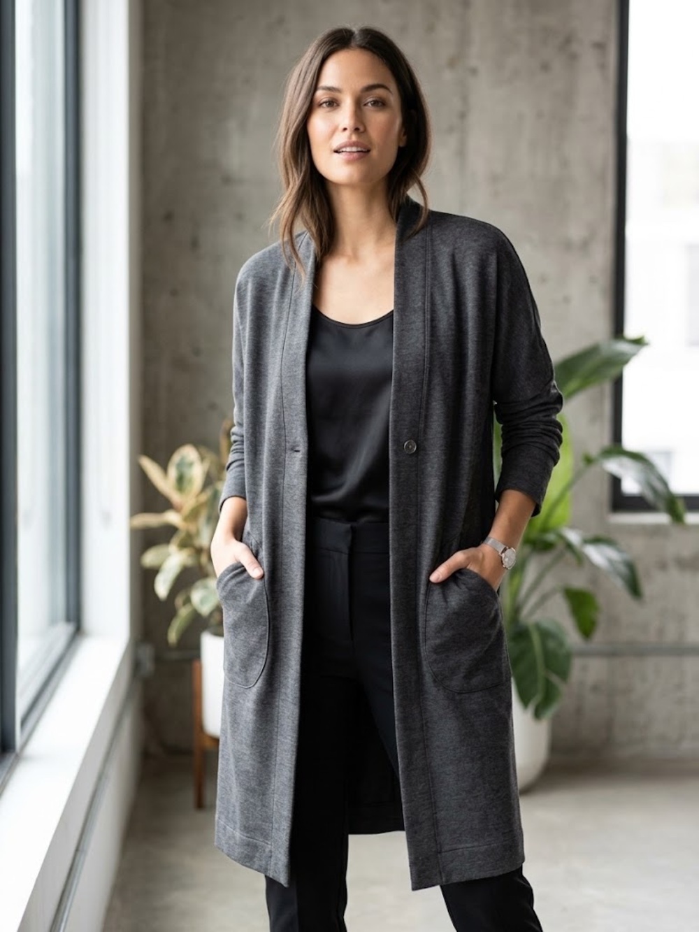 Kit and Ace Charcoal Long Open-Front Women's Cardigan Sweater - #255